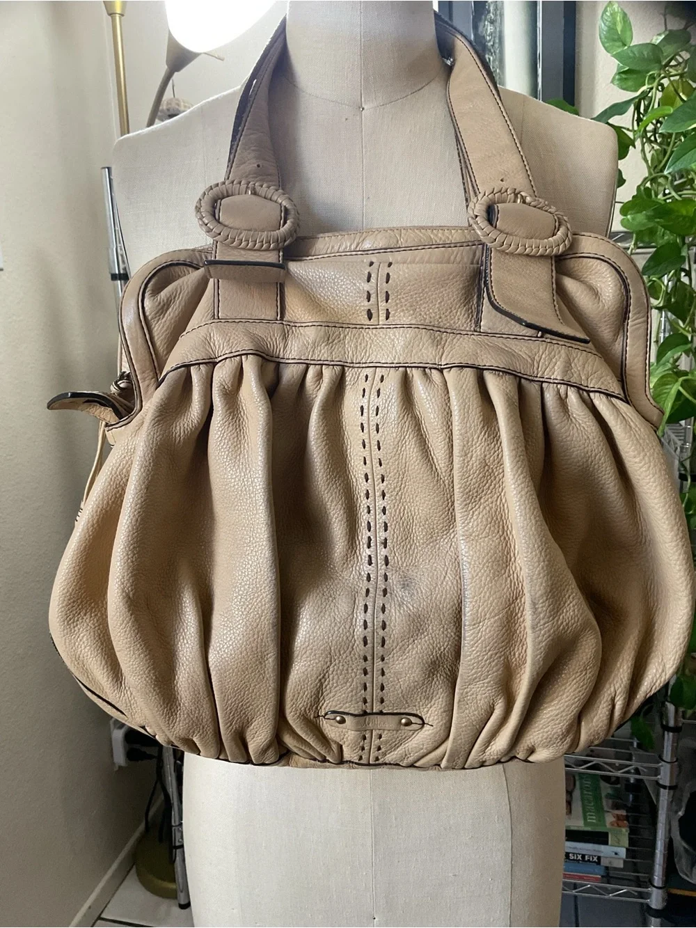 Cole Haan Gathered Leather Shoulder Bag in Beige